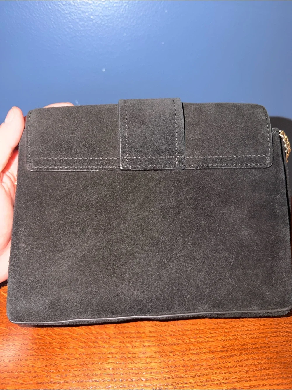 Mango Black Suede Crossbody Bag with Gold Ring Accent